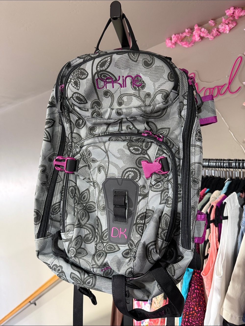 Dakine Gray Backpack with Pink Accents and Floral Design NWOT